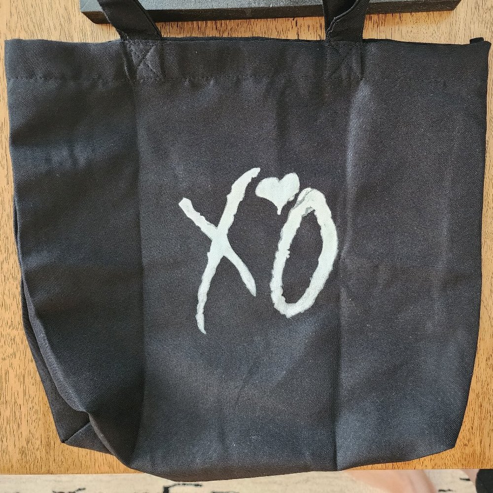 Black The weeknd xo canvas tote bag with white font